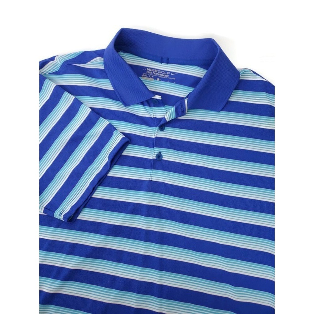 Nike Golf Polo Shirt Mens Large Tour Performance Blue Striped Short Sleeve